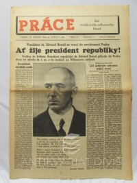 kolektiv, autorů, Práce - List revolučního odborového hnutí 16. 5. 1945, ročník 1, číslo 8: President dr. Edvard Beneš se vrací do osvobozené Prahy; Dokumenty zvěrstev fašistické bestie atd., 1945